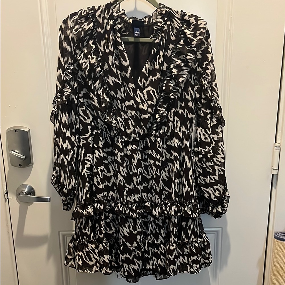 Ruffle Black and White Long Sleeve Dress NWT